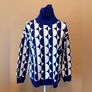 Kier + J Wool Cashmere Turtleneck Sweater Navy Ivory Geometric Print S